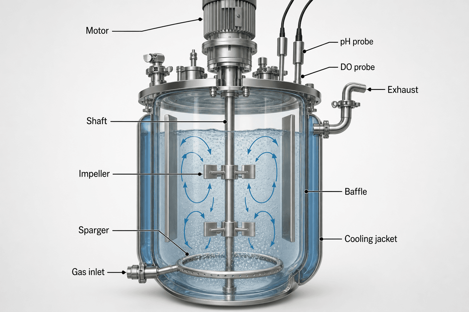 3D stirred-tank bioreactor cutaway with impellers, baffles, sparger, probes, and operating parameters