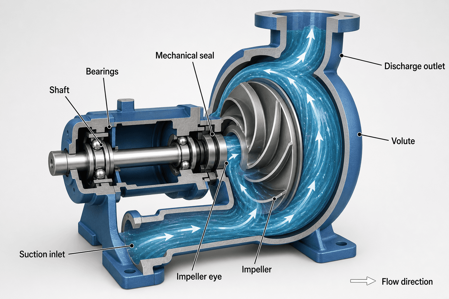 3D centrifugal pump cutaway showing suction inlet, impeller, volute, shaft, seal, and discharge outlet