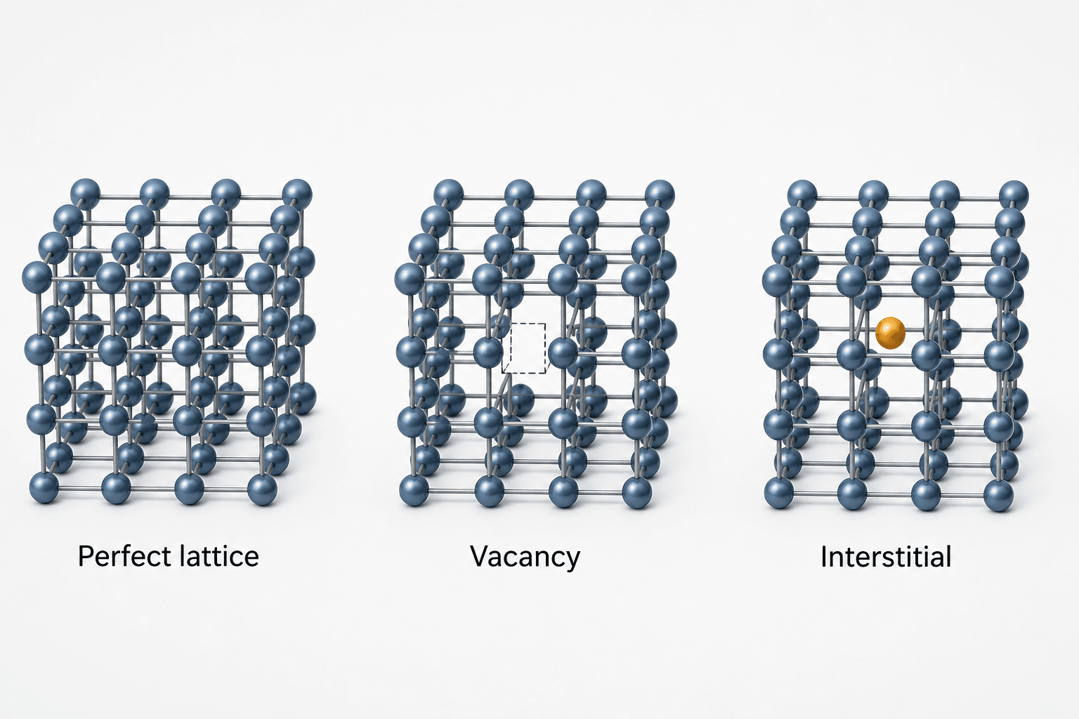 3D crystal lattice showing vacancy, substitutional impurity, interstitial atom, and dislocation