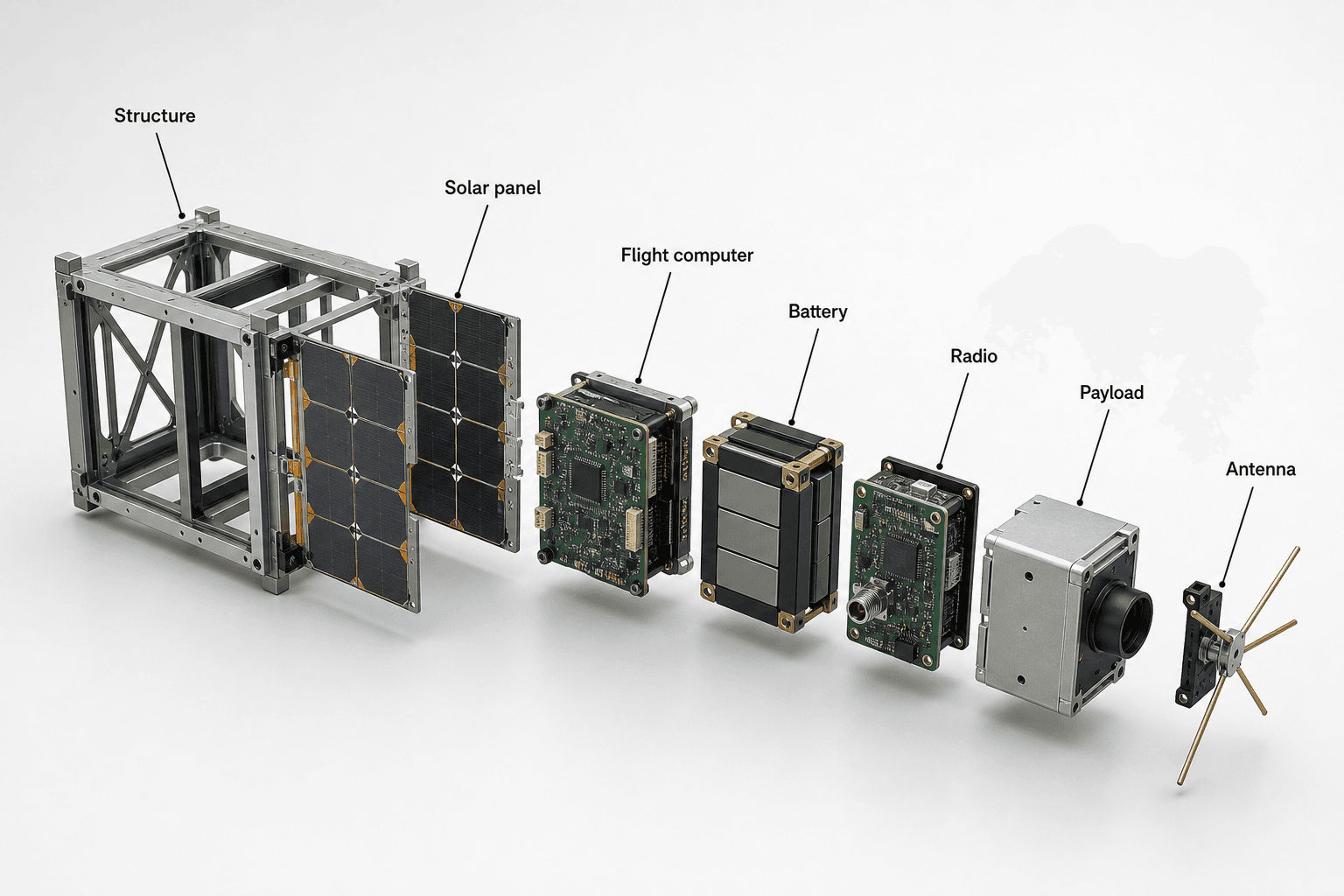 Exploded 3D 6U CubeSat showing solar panels, avionics, payload, structure, and attitude-control hardware