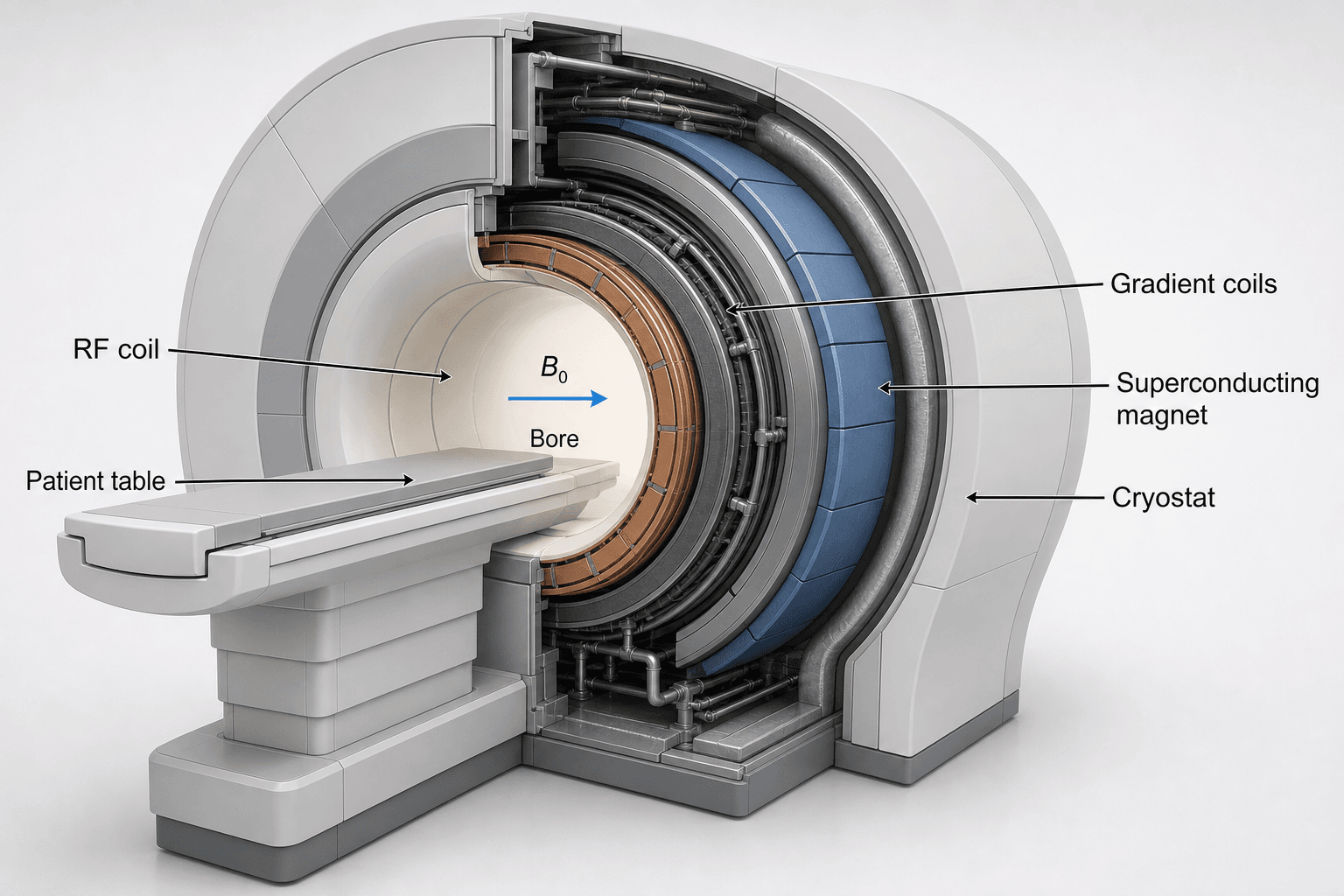 3D MRI scanner cutaway showing main magnet, gradient coils, RF coil, patient bore, and field direction