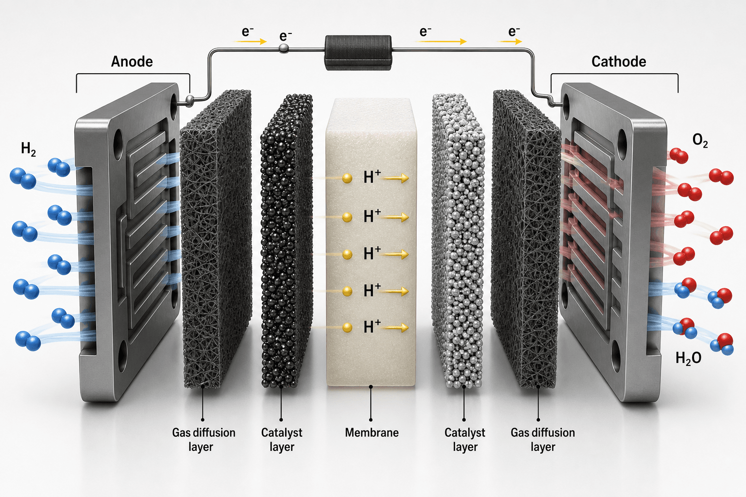 3D PEM fuel-cell layer stack with gas diffusion layers, catalyst, membrane, and reaction-flow annotations