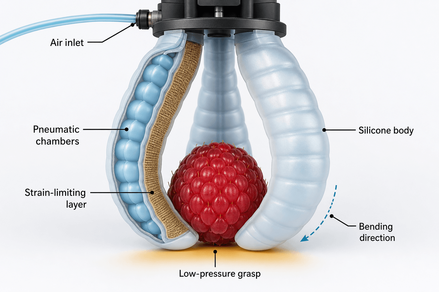 3D pneumatic soft robotic gripper cutaway showing elastomer body, air chambers, and bending response