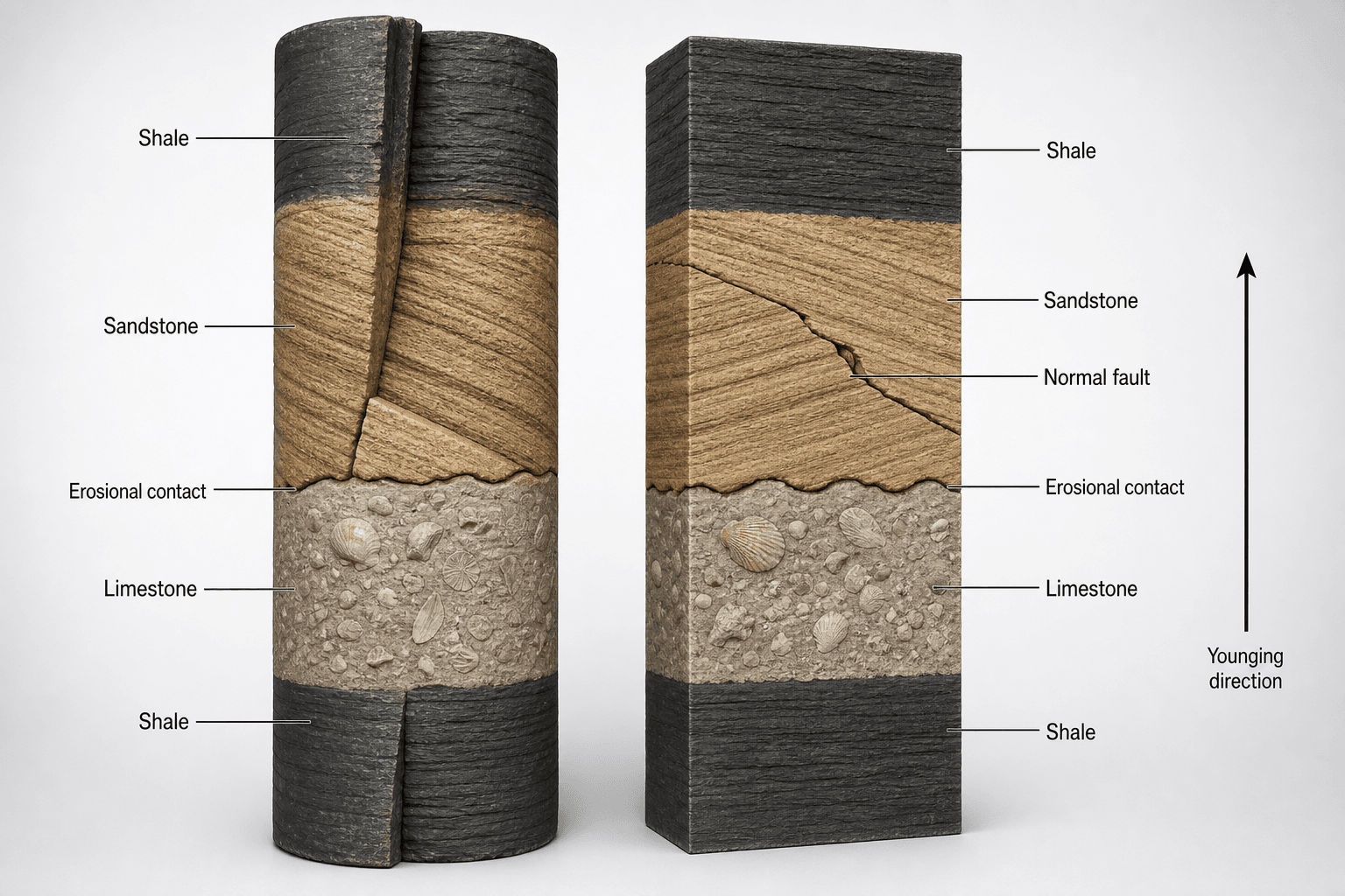3D stratigraphic drill-core display with distinct sedimentary units, depth scale, and facies labels