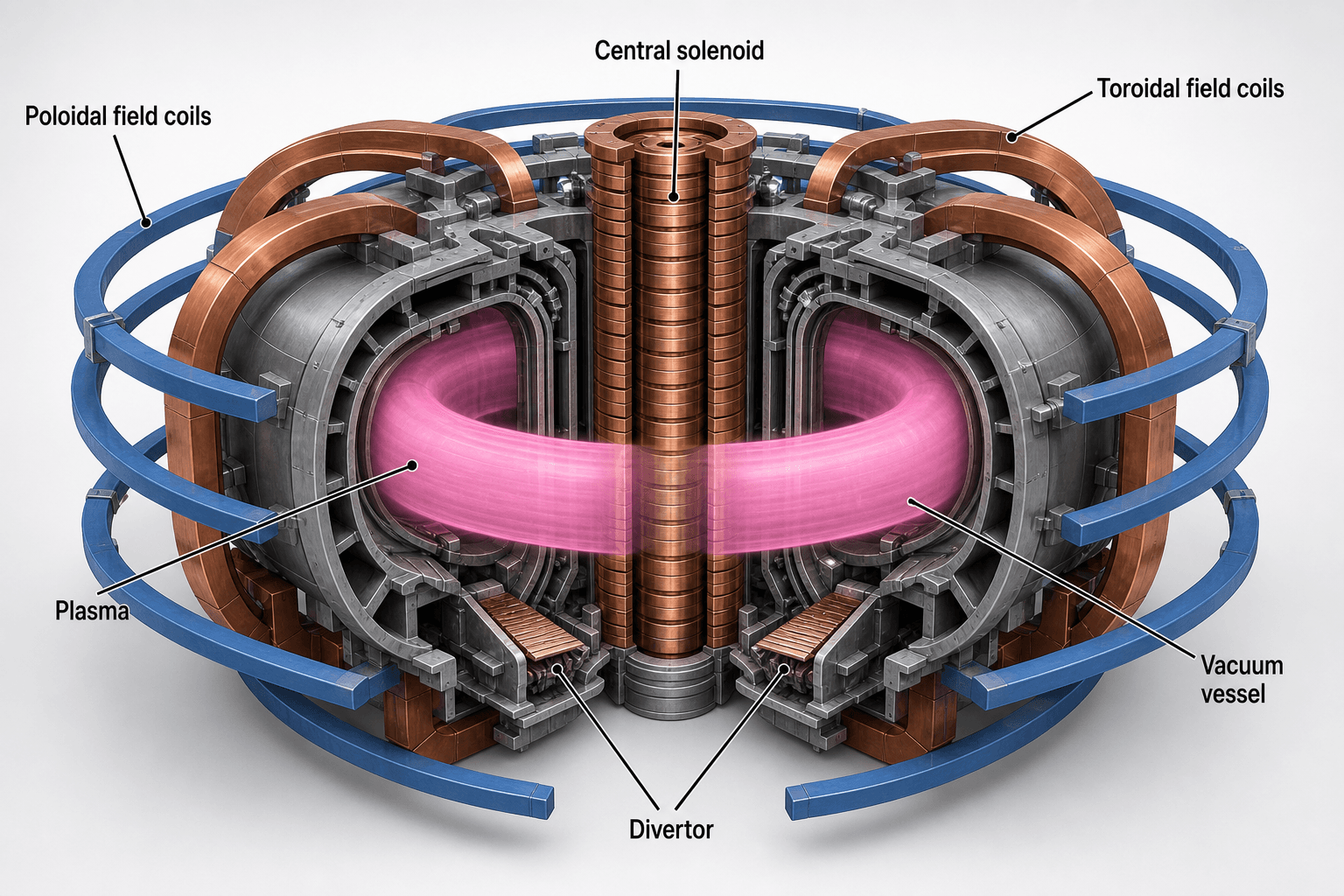 3D tokamak cutaway showing plasma torus, vacuum vessel, toroidal field coils, and poloidal field coils