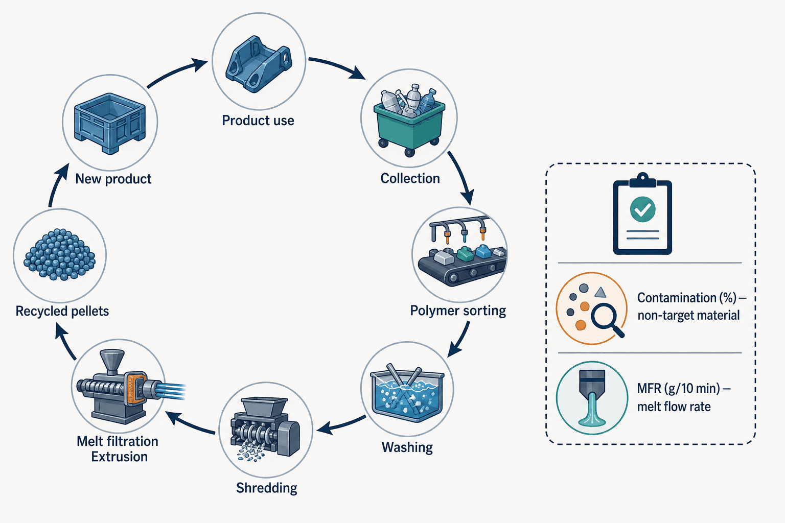 Mechanical polymer recycling loop showing collection, sorting, washing, shredding, extrusion, and remanufacture
