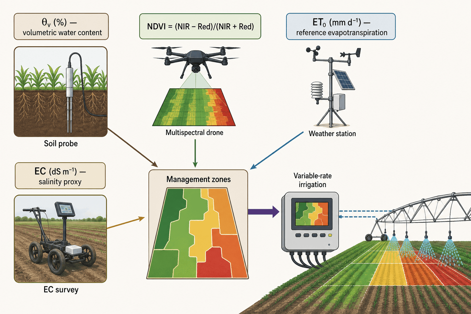 Precision-agriculture monitoring system with satellite, drone, field sensors, soil parameters, and variable-rate application
