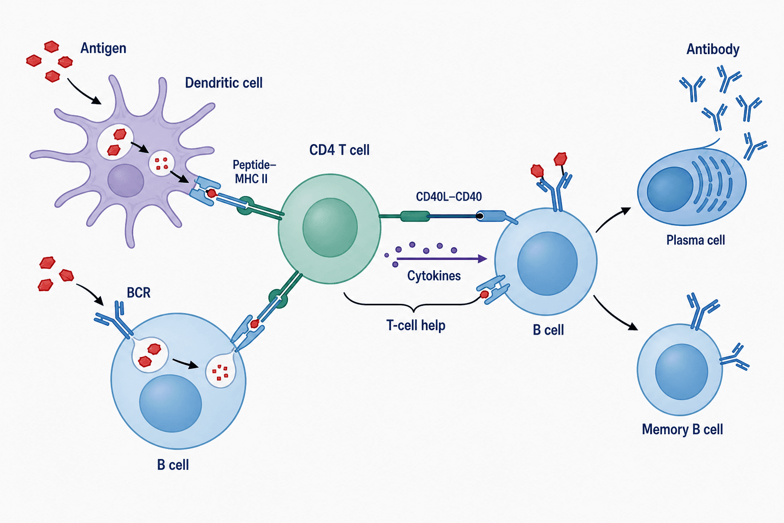 T-cell-dependent antibody response showing antigen presentation, helper T-cell activation, B-cell maturation, and memory