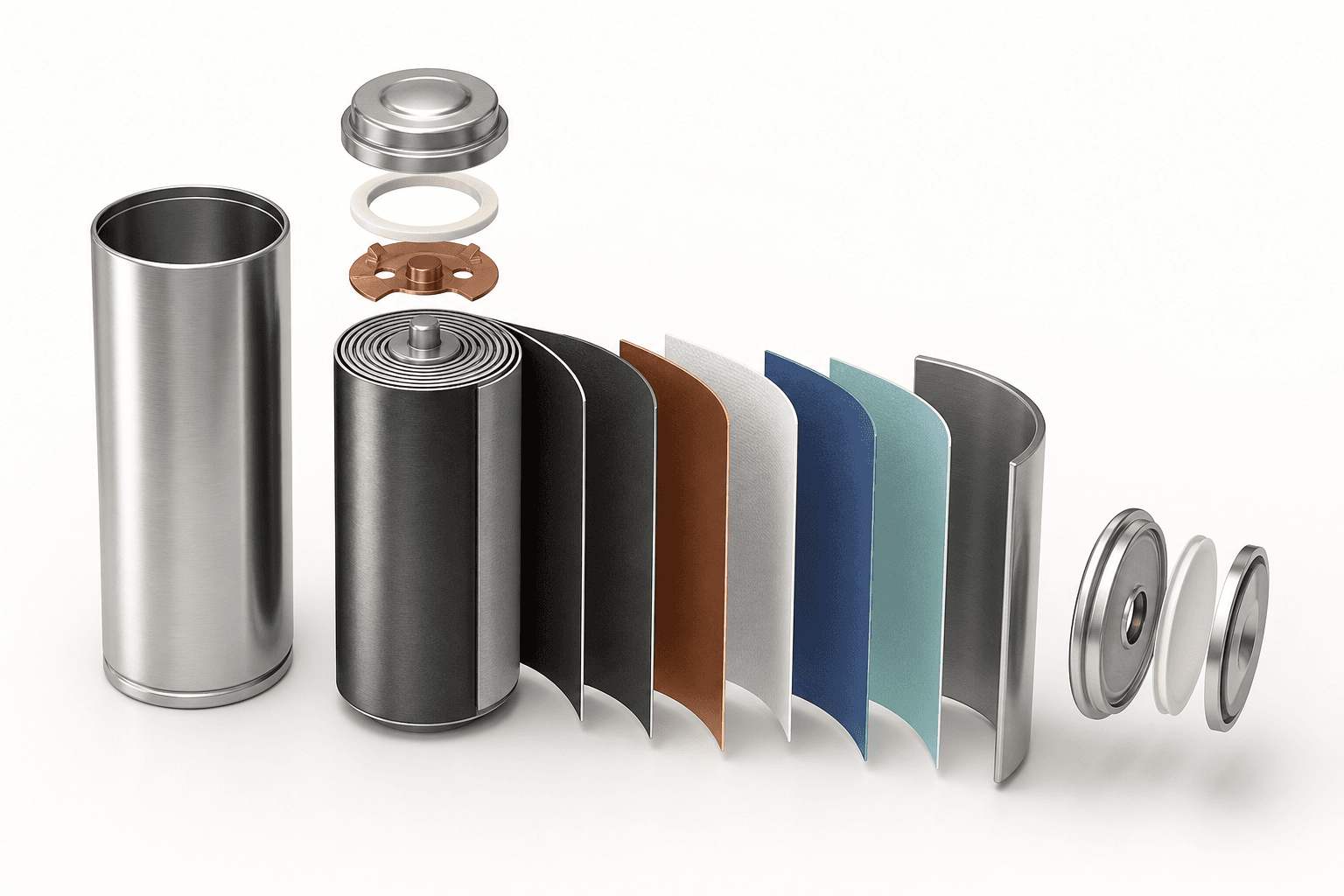 3D scientific cutaway of a lithium-ion battery with labeled internal layers