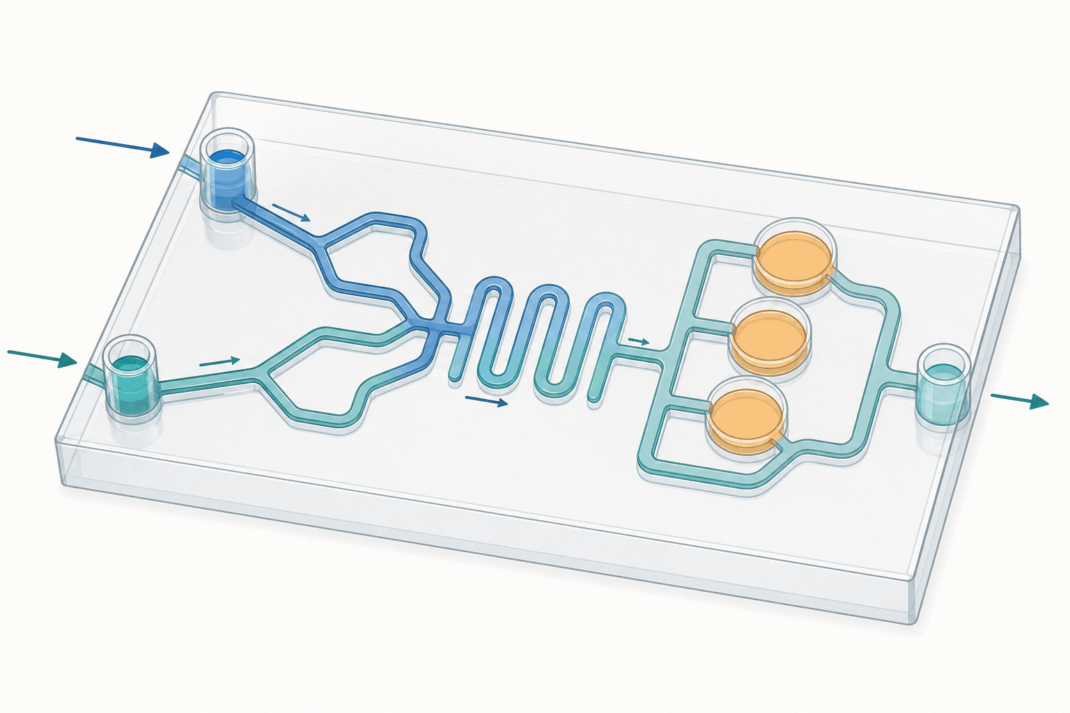 Scientific diagram of a microfluidic chip with labeled channels, ports, and flow direction