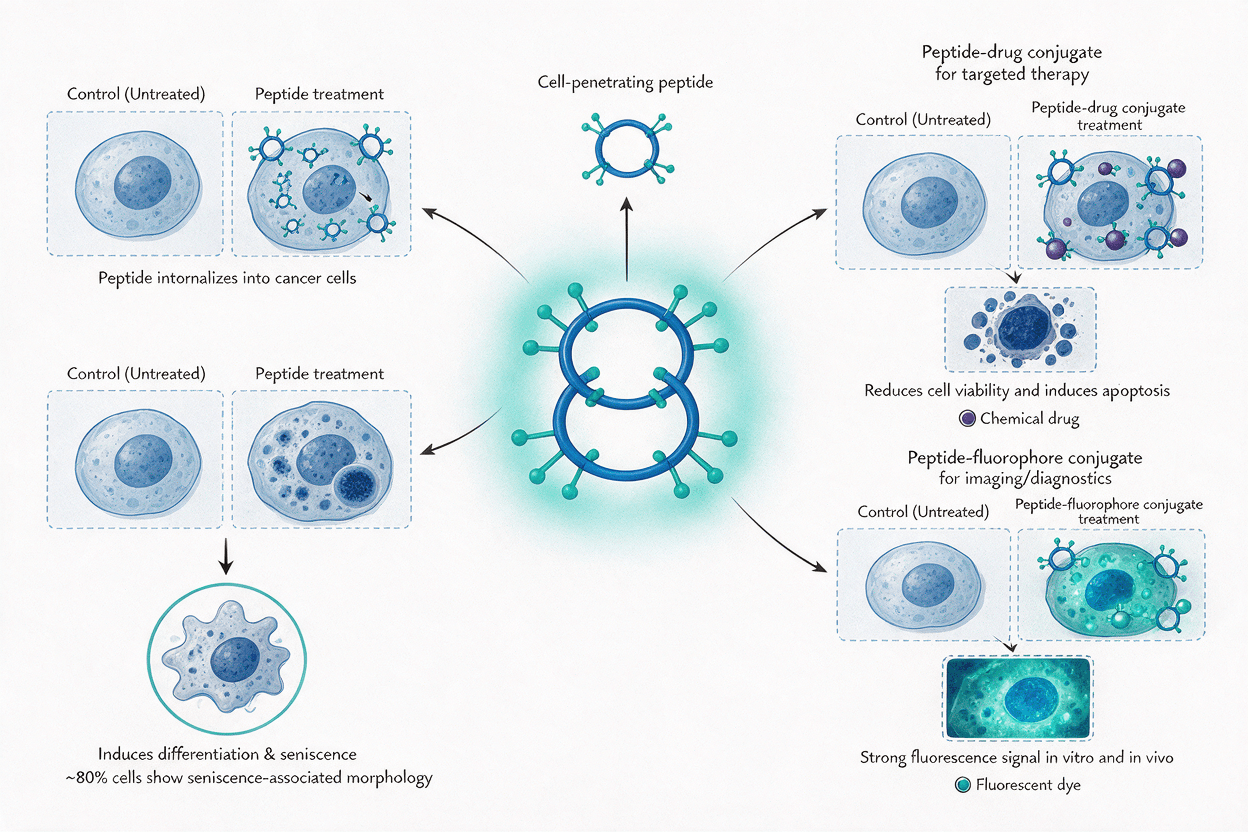 Theranostics figure showing peptide internalization, targeted therapy, apoptosis, and fluorescence imaging