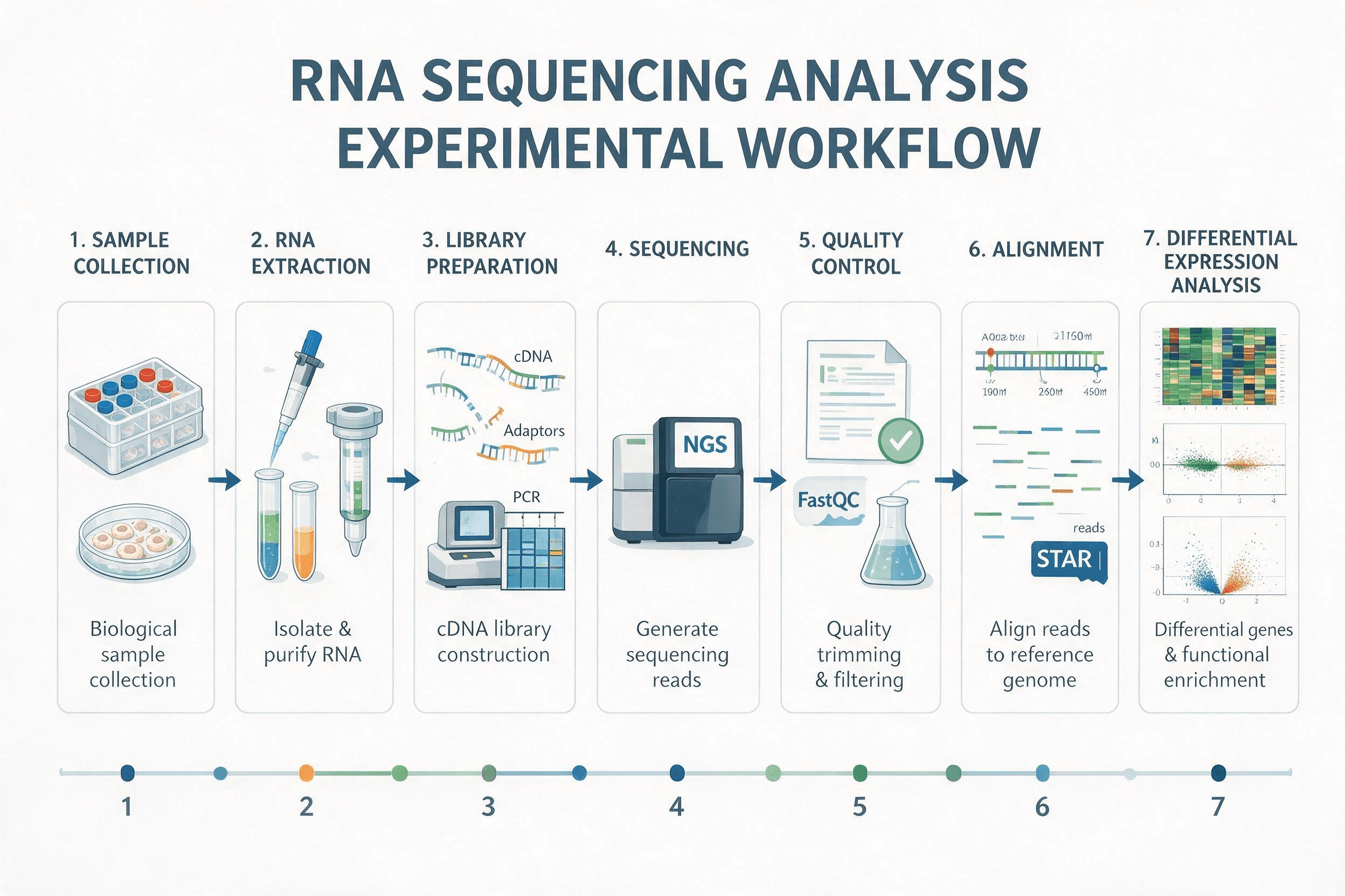 Flat scientific illustration of an RNA sequencing workflow from samples to analysis