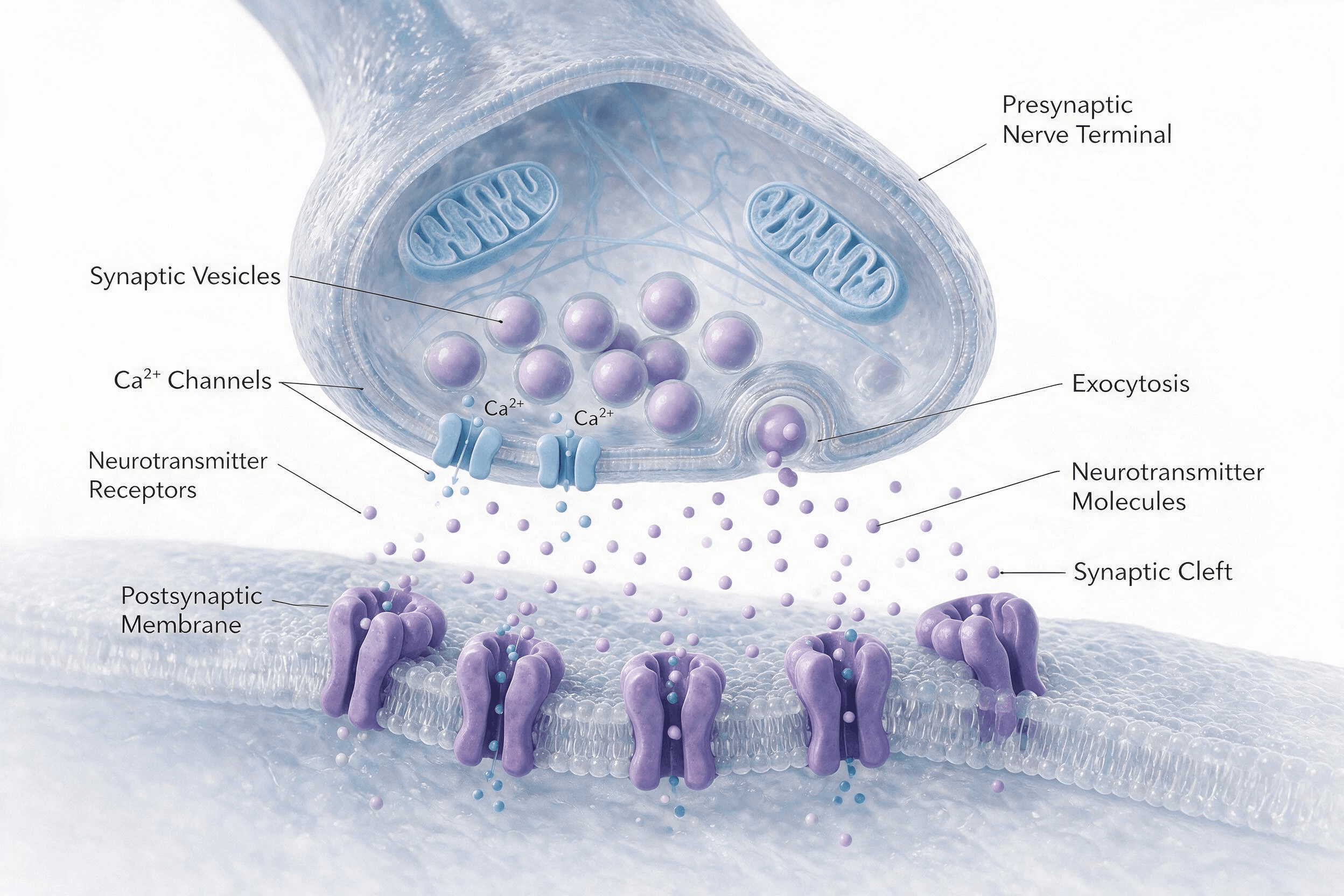 3D illustration of synaptic transmission showing neurotransmitter release and receptor binding