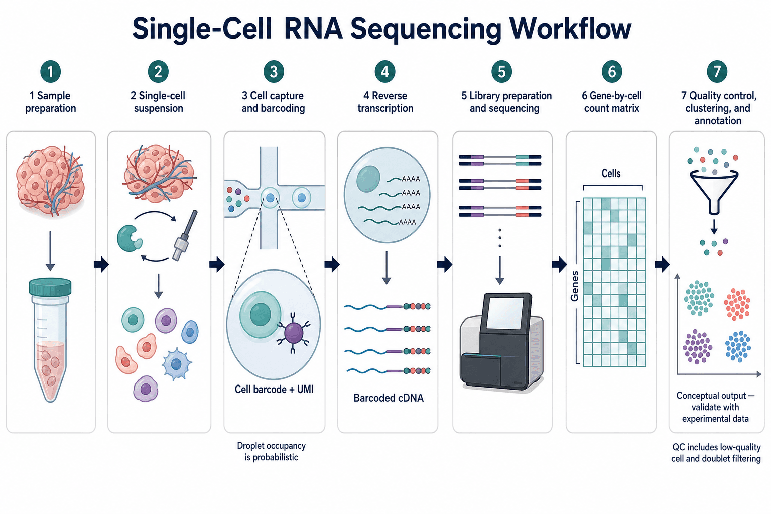 Flat illustration of a single-cell RNA sequencing workflow