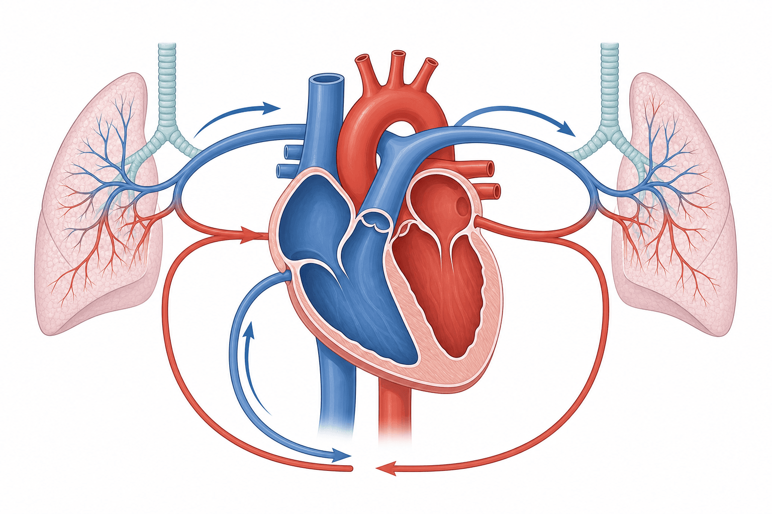 AI-generated flat scientific figure showing pulmonary circulation through the heart and lungs