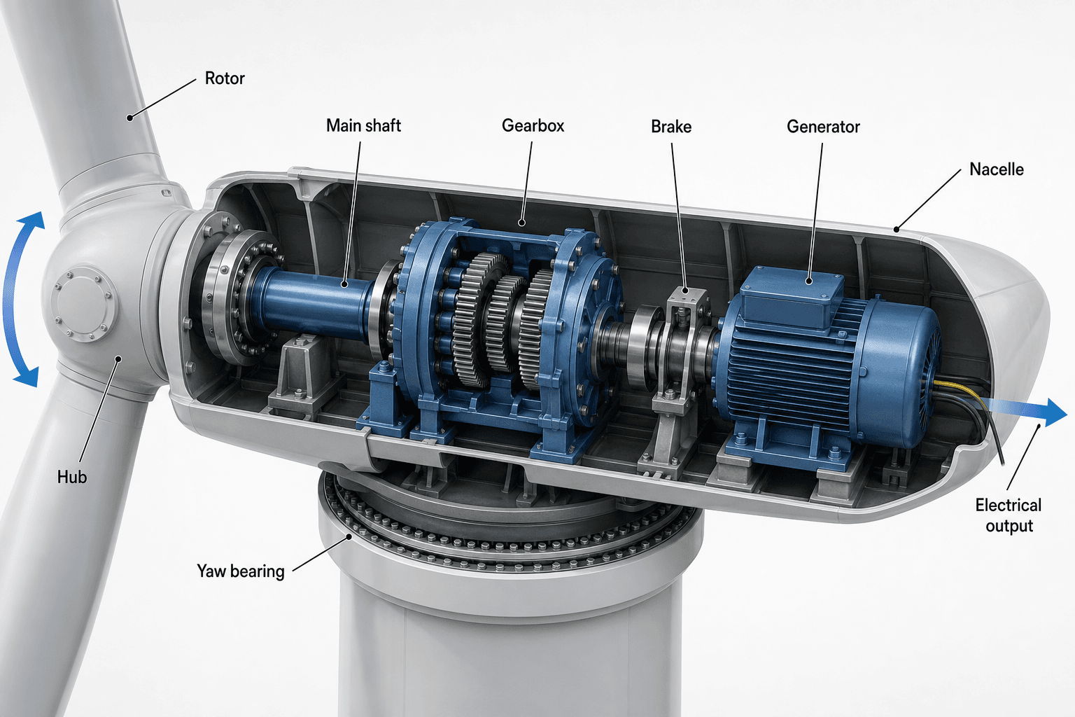 AI-generated wind-turbine nacelle and drivetrain cutaway