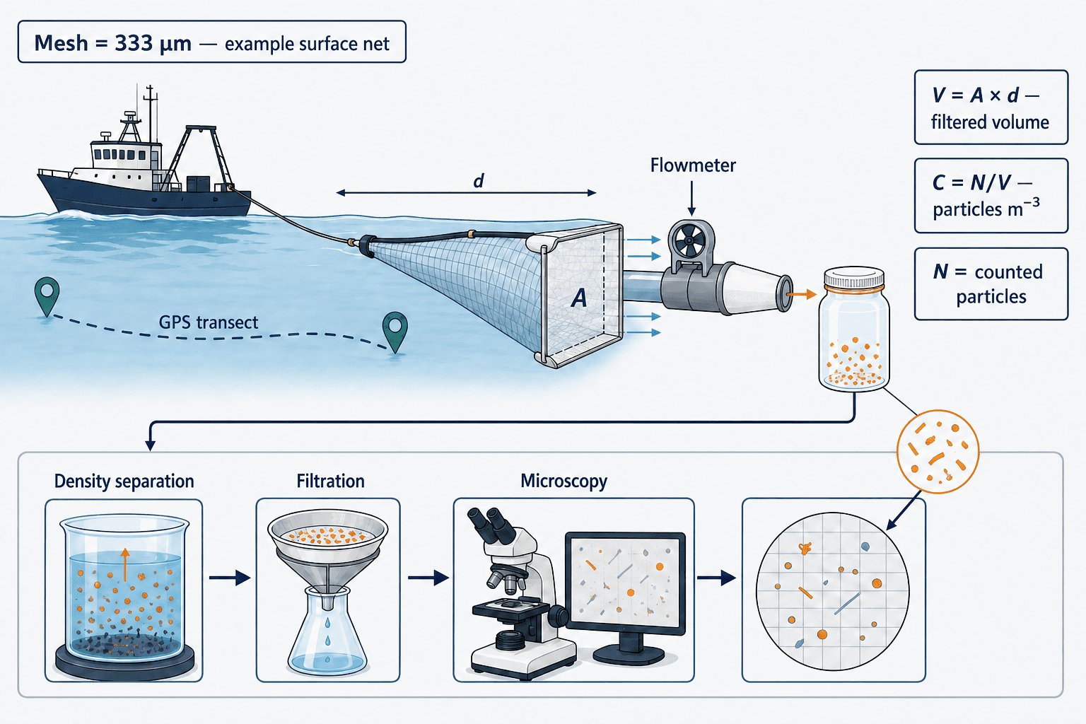 Ocean microplastic sampling workflow with quantitative field and laboratory annotations