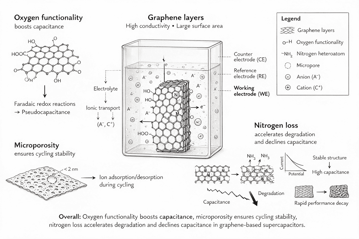 Publication-style graphene supercapacitor mechanism with material structure, ionic transport, and degradation annotations