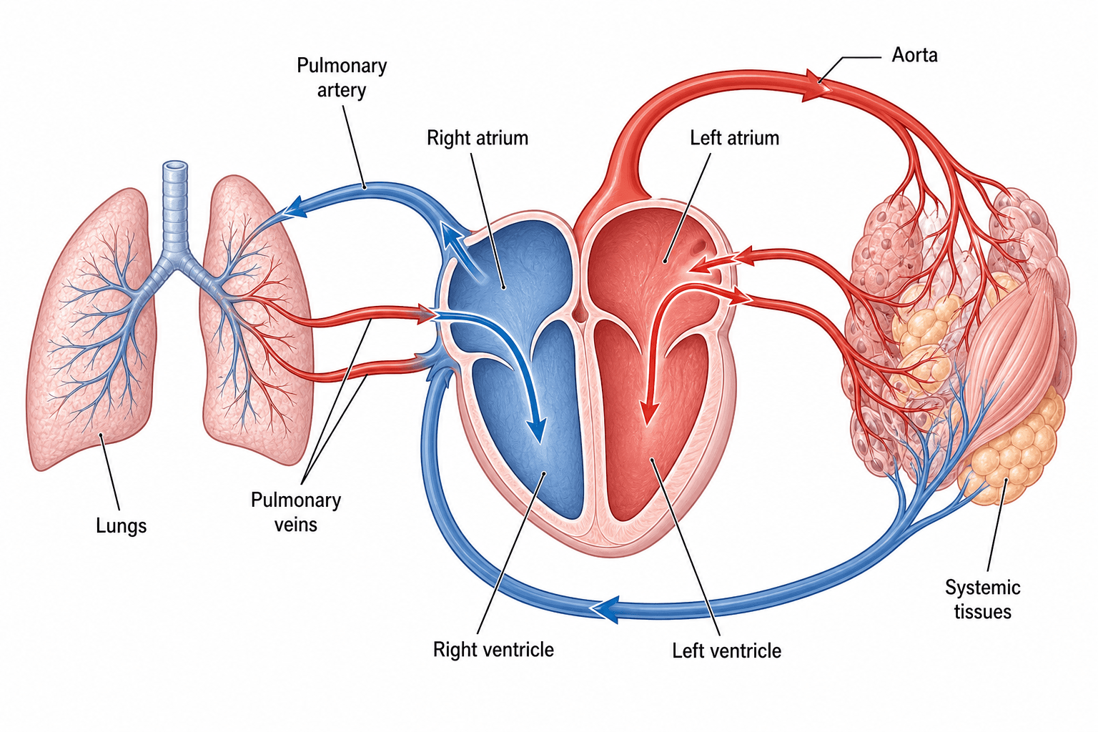 Pulmonary and systemic circulation figure with chambers, vessels, oxygenation state, and directional labels