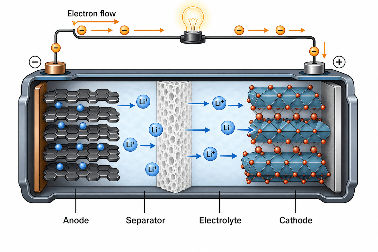 AI-generated lithium-ion battery cutaway diagram showing discharge