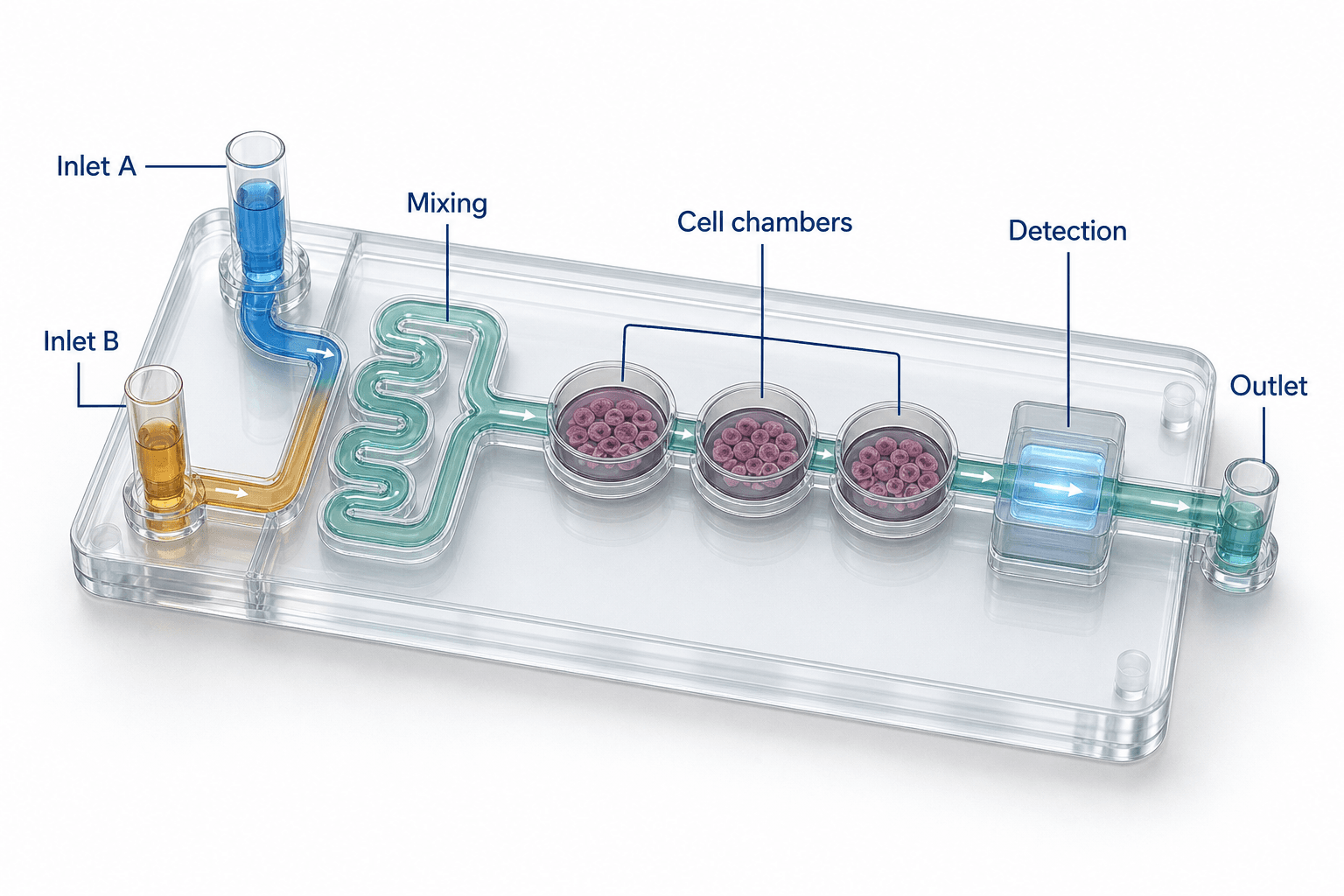 AI-generated 3D scientific render of a microfluidic organ-on-chip workflow