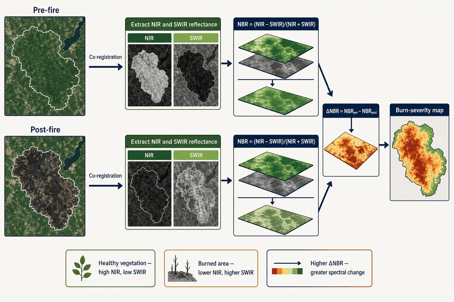 Wildfire burn-severity mapping workflow with prefire and postfire imagery, NBR, dNBR, and severity classes