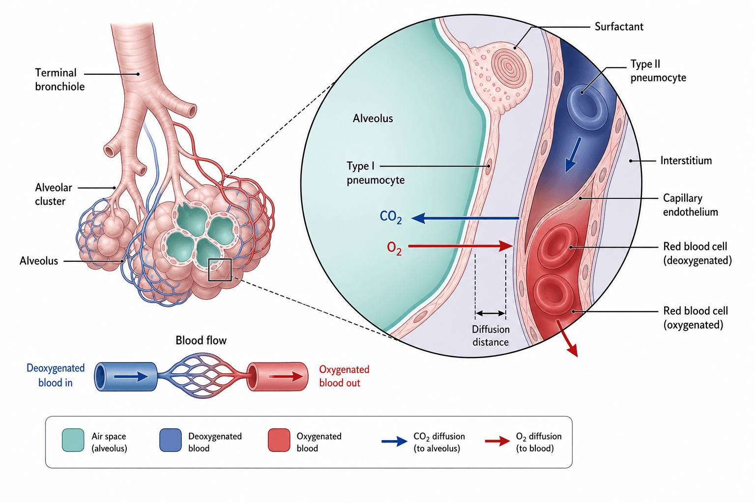 Alveolar gas exchange diagram showing the air-blood barrier and opposing oxygen and carbon-dioxide diffusion