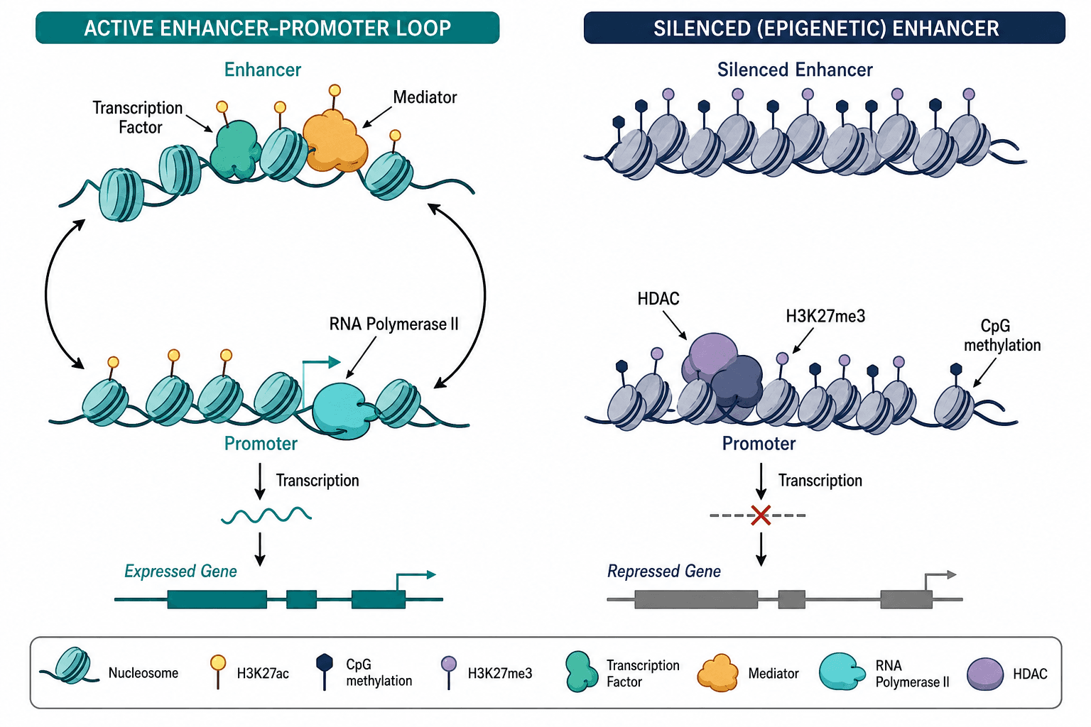 Epigenetic enhancer silencing comparing active chromatin with DNA methylation and repressive histone marks