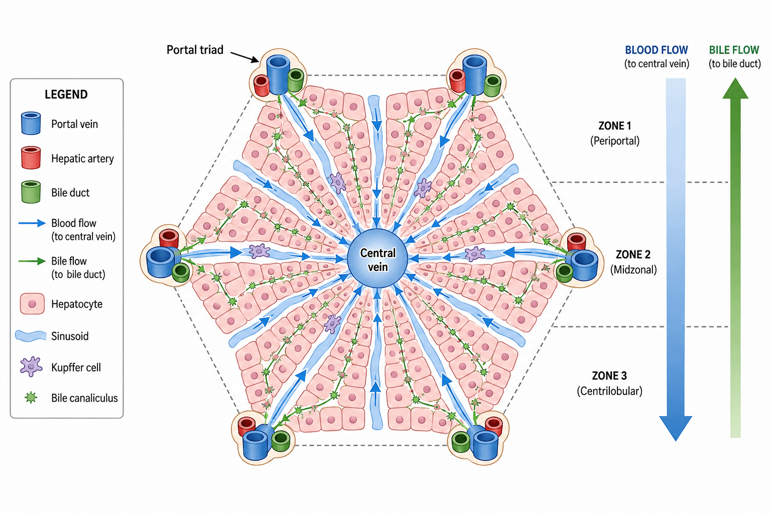 Classical liver lobule showing portal triads, hepatocyte plates, sinusoids, central vein, and bile flow