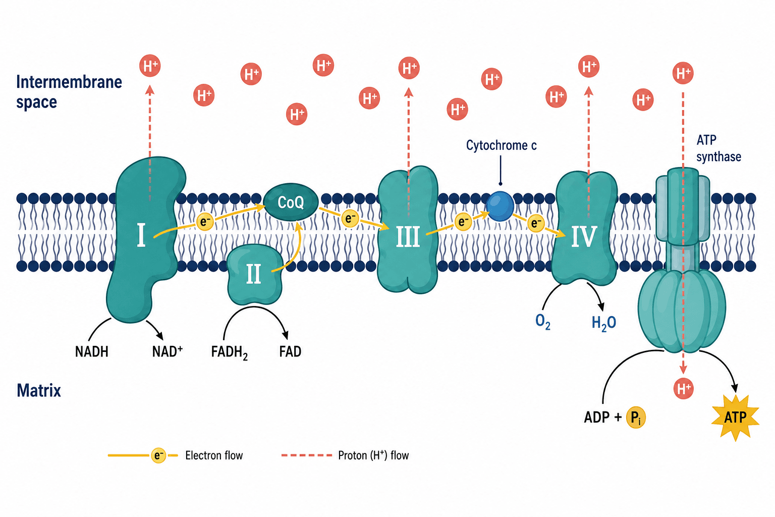 Mitochondrial inner-membrane oxidative phosphorylation with respiratory complexes, proton gradient, and ATP synthase