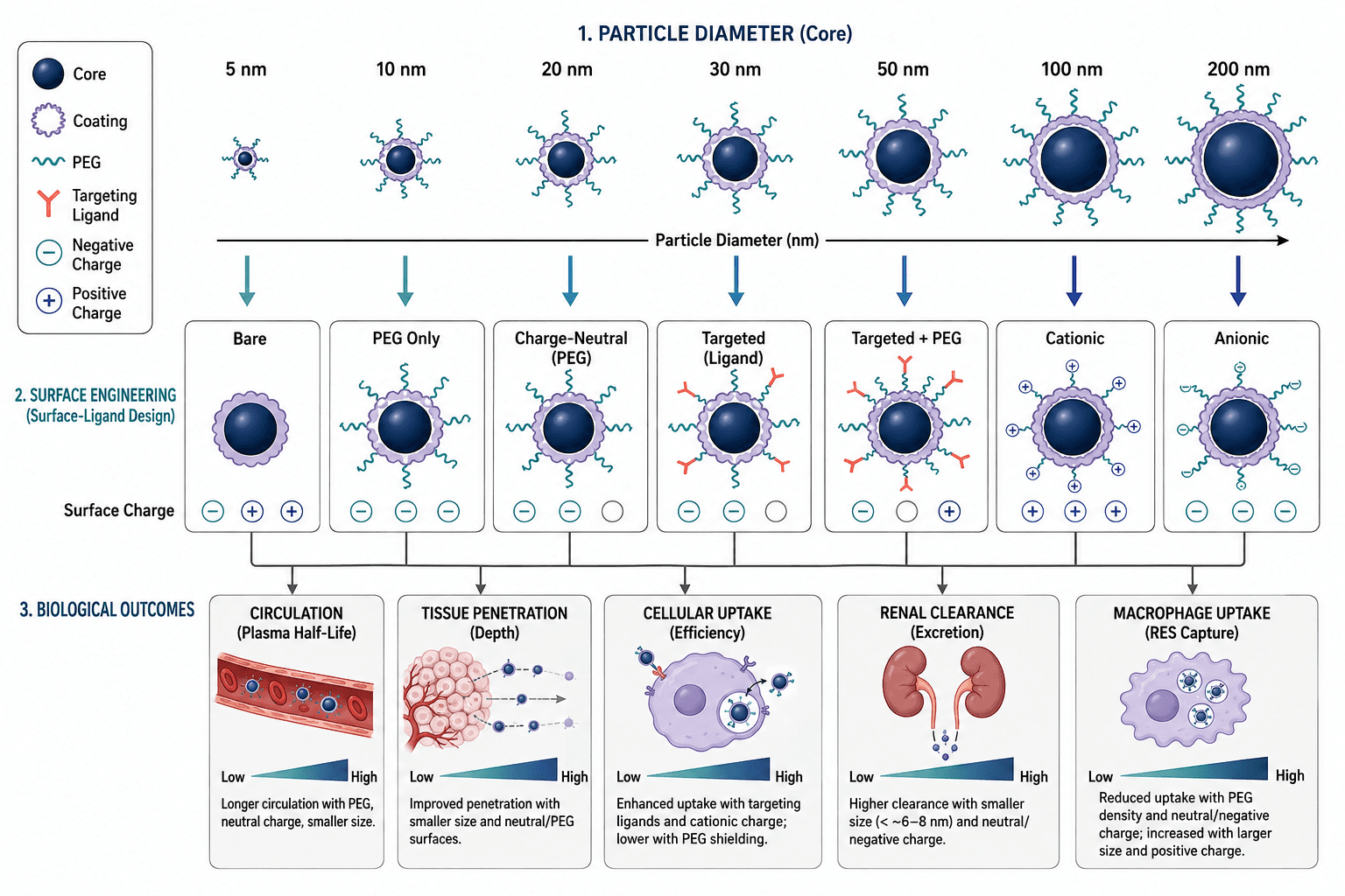 Nanoparticle design comparison linking particle size and surface ligands to transport, uptake, and clearance