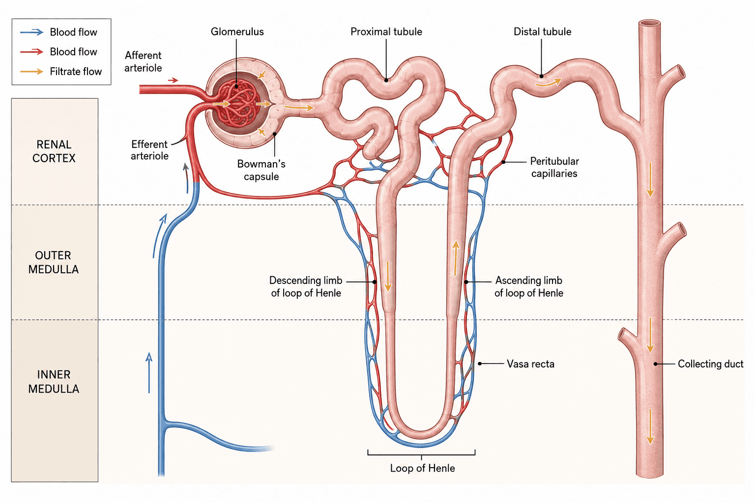 Nephron anatomy diagram showing renal corpuscle, tubule segments, collecting duct, and associated blood vessels