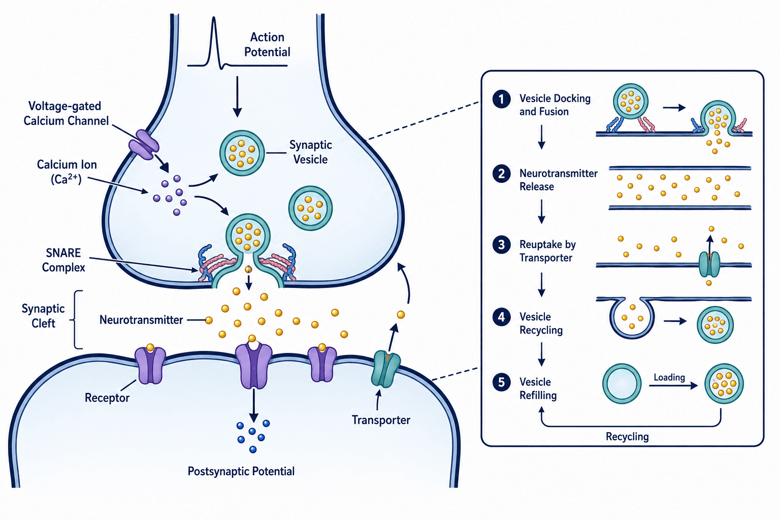 Chemical synaptic transmission from action-potential arrival through vesicle fusion and postsynaptic receptor activation