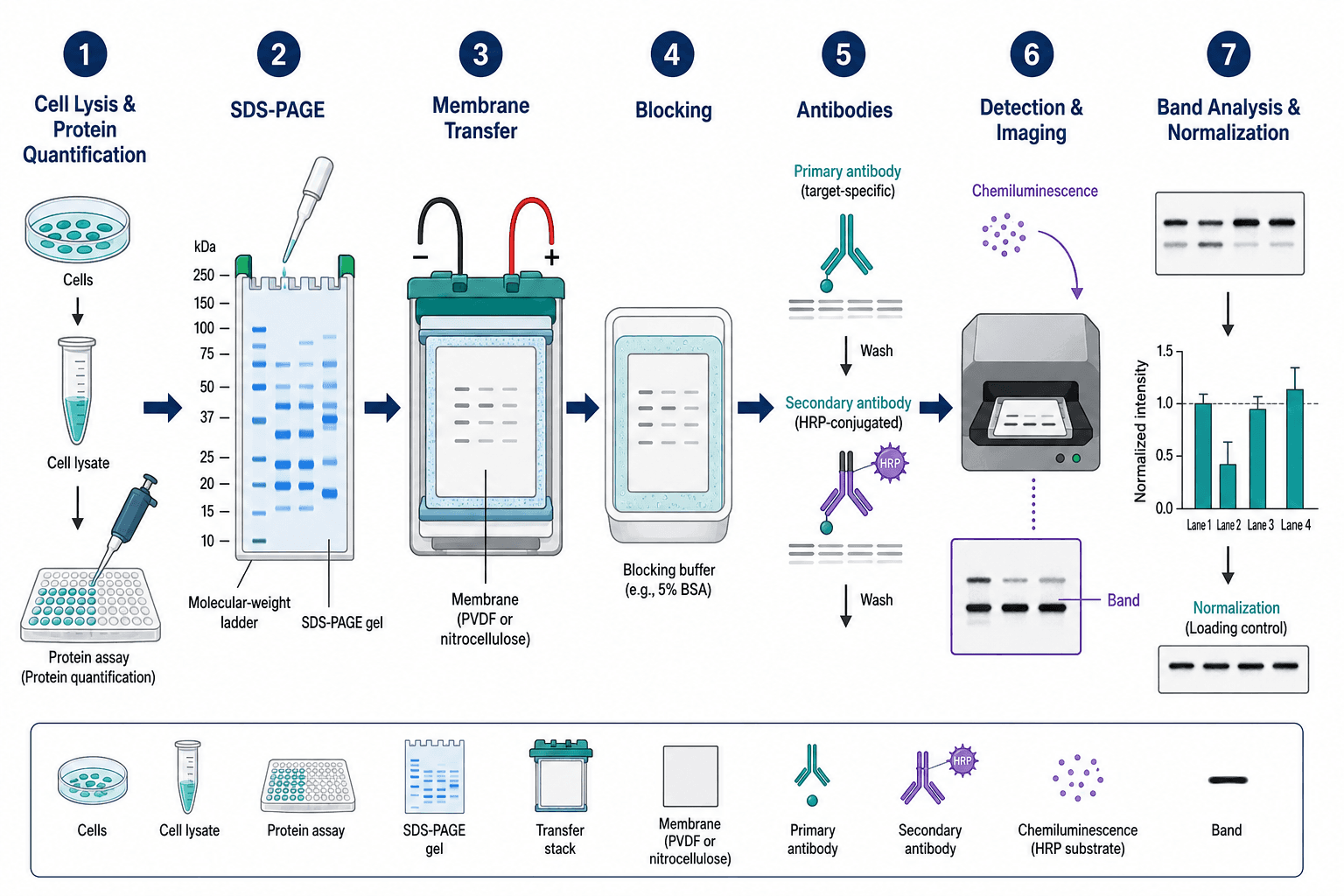 Western blot workflow from protein extraction through electrophoresis, transfer, antibody detection, and quantification