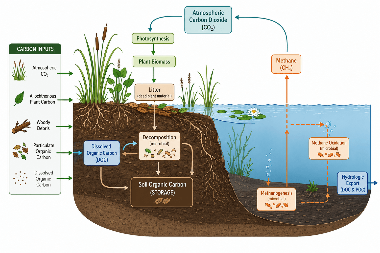 Wetland carbon cycle showing plant uptake, litter input, soil storage, methane production, oxidation, and gas exchange