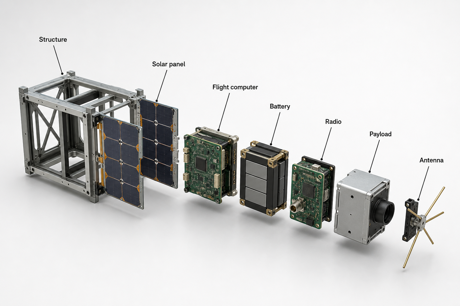 Exploded 3D 6U CubeSat showing solar panels, avionics, payload, structure, and attitude-control hardware