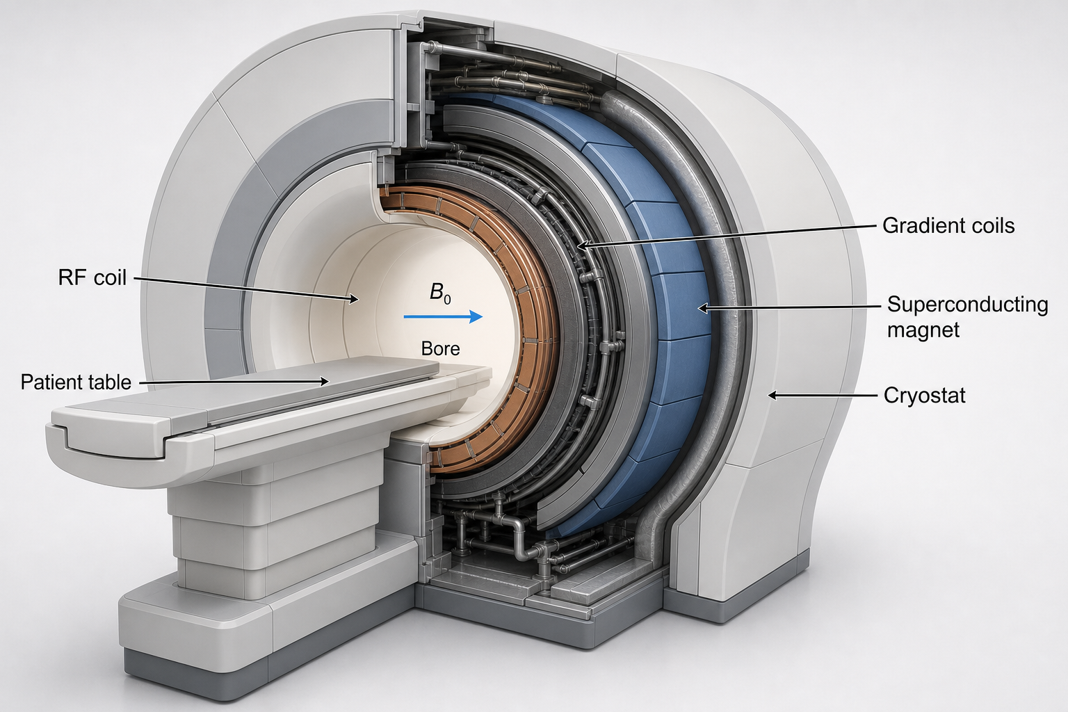 3D MRI scanner cutaway showing main magnet, gradient coils, RF coil, patient bore, and field direction