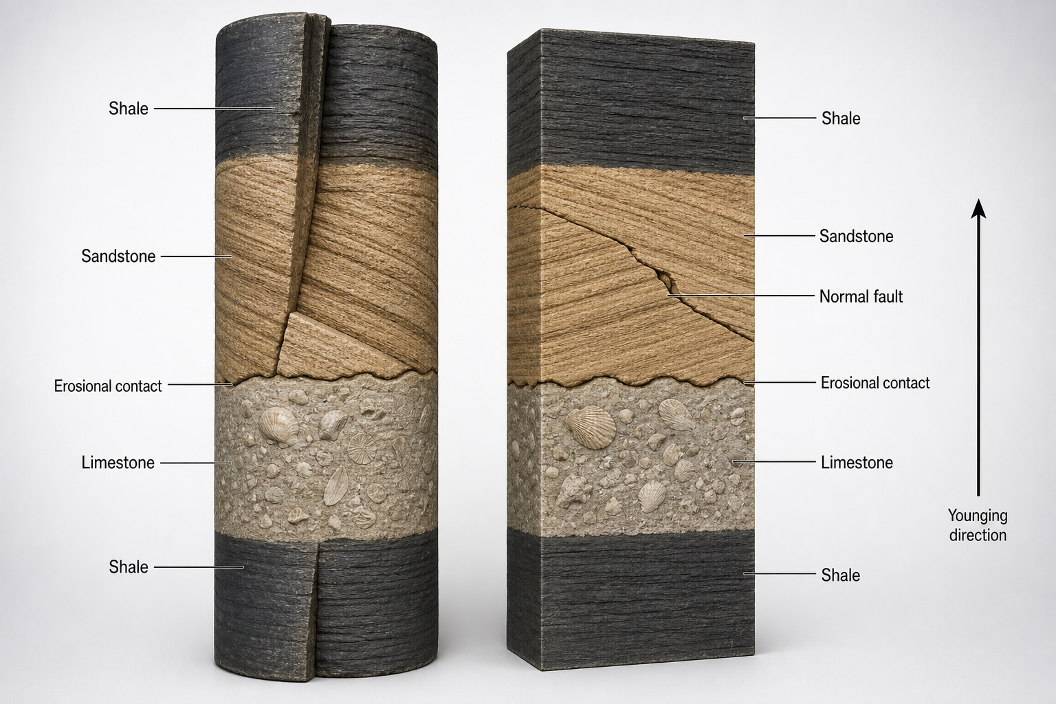 3D stratigraphic drill-core display with distinct sedimentary units, depth scale, and facies labels