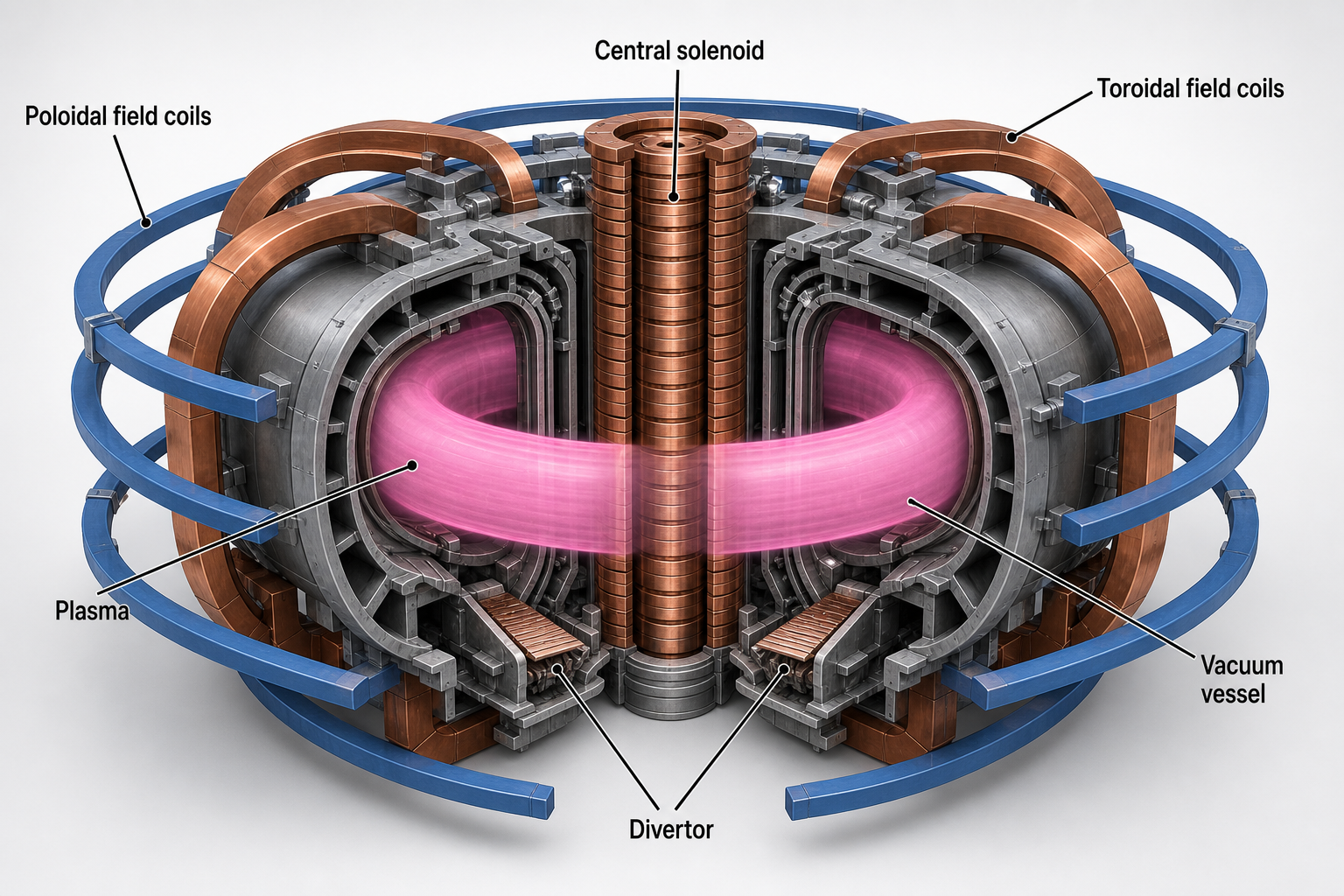 3D tokamak cutaway showing plasma torus, vacuum vessel, toroidal field coils, and poloidal field coils