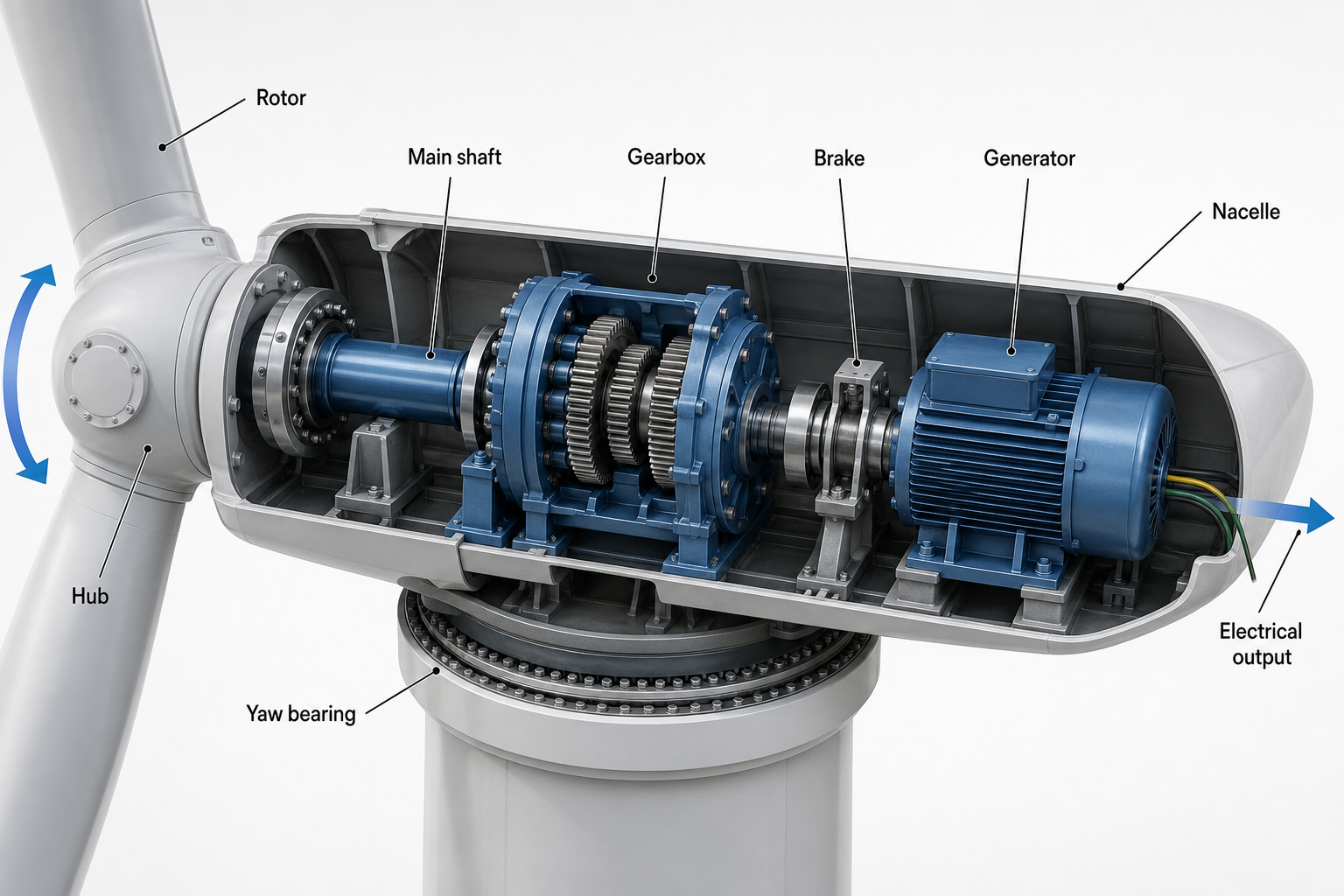 AI-generated wind-turbine nacelle and drivetrain cutaway