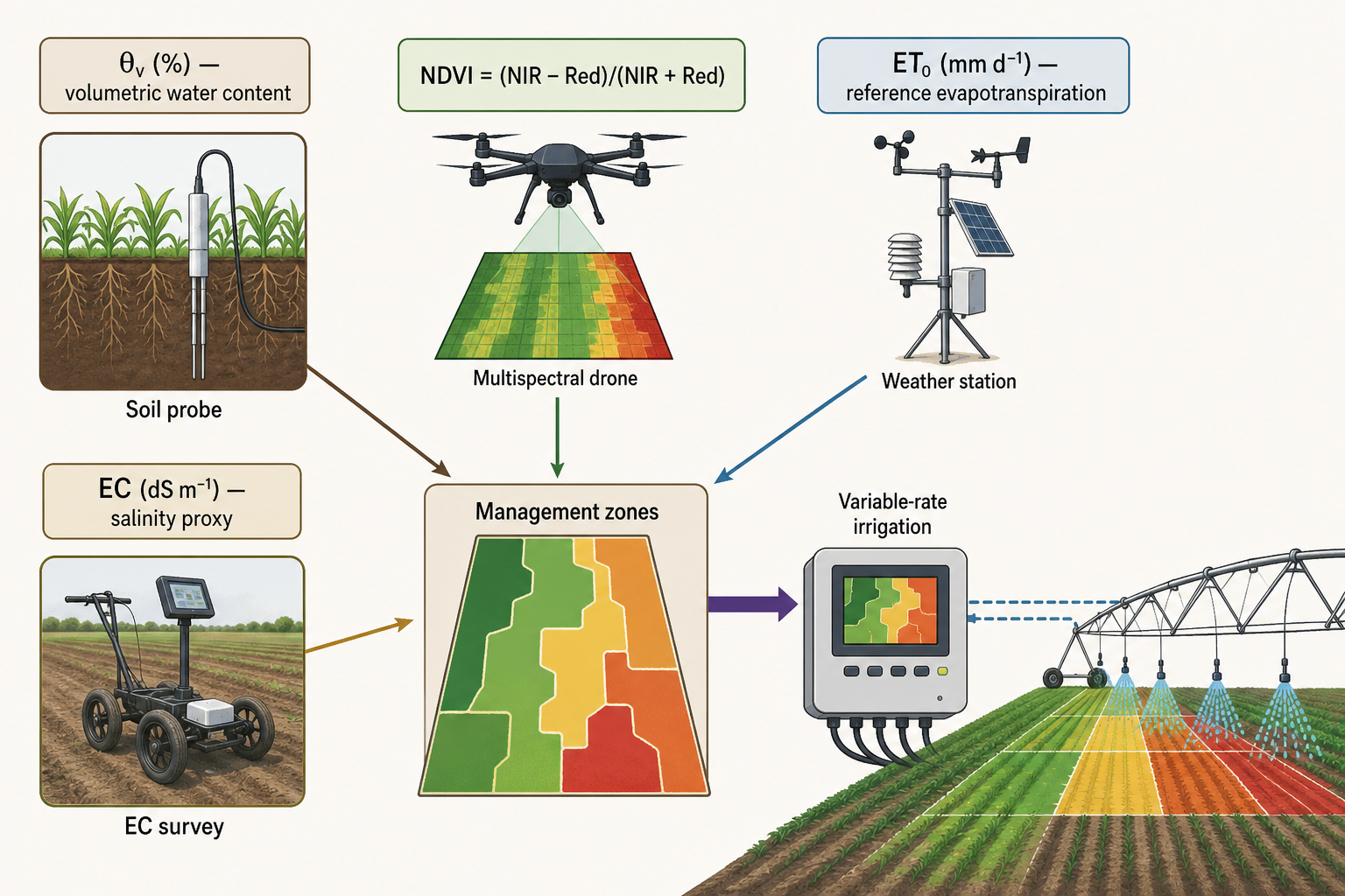 Precision-agriculture monitoring system with satellite, drone, field sensors, soil parameters, and variable-rate application
