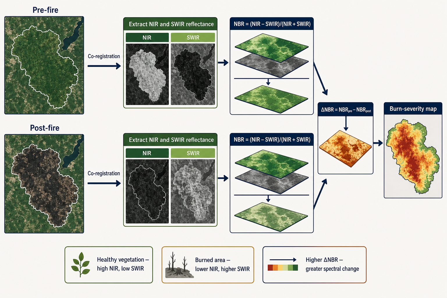 Wildfire burn-severity mapping workflow with prefire and postfire imagery, NBR, dNBR, and severity classes