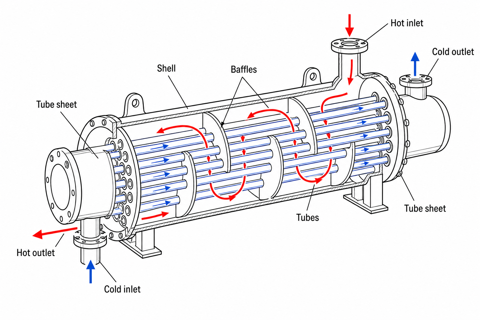 Shell-and-tube heat exchanger cutaway with tube-side and shell-side flow paths and temperature labels