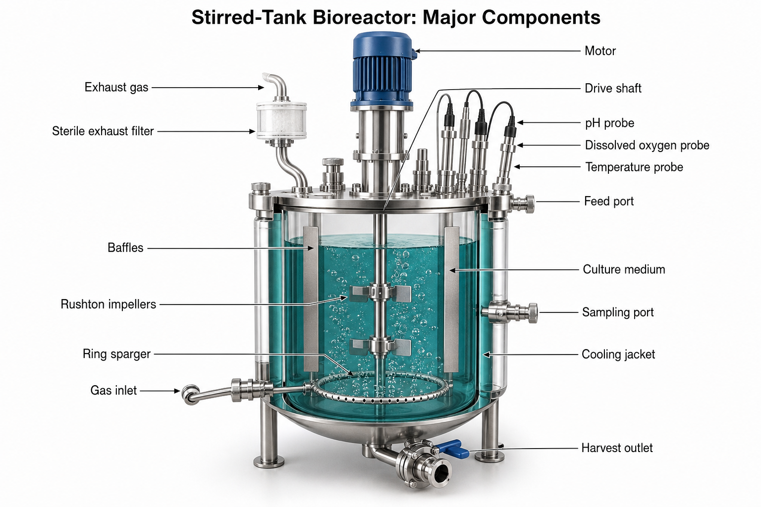 Professional 3D cutaway of a stirred-tank bioreactor with impellers, baffles, sparger, probes, and cooling jacket
