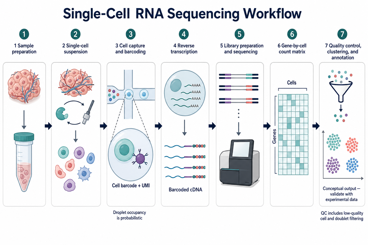 Flat illustration of a single-cell RNA sequencing workflow