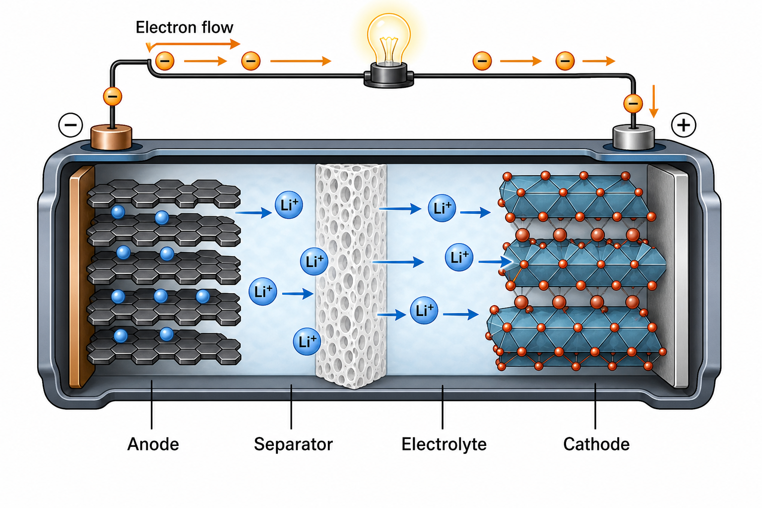 AI-generated lithium-ion battery cutaway diagram showing discharge