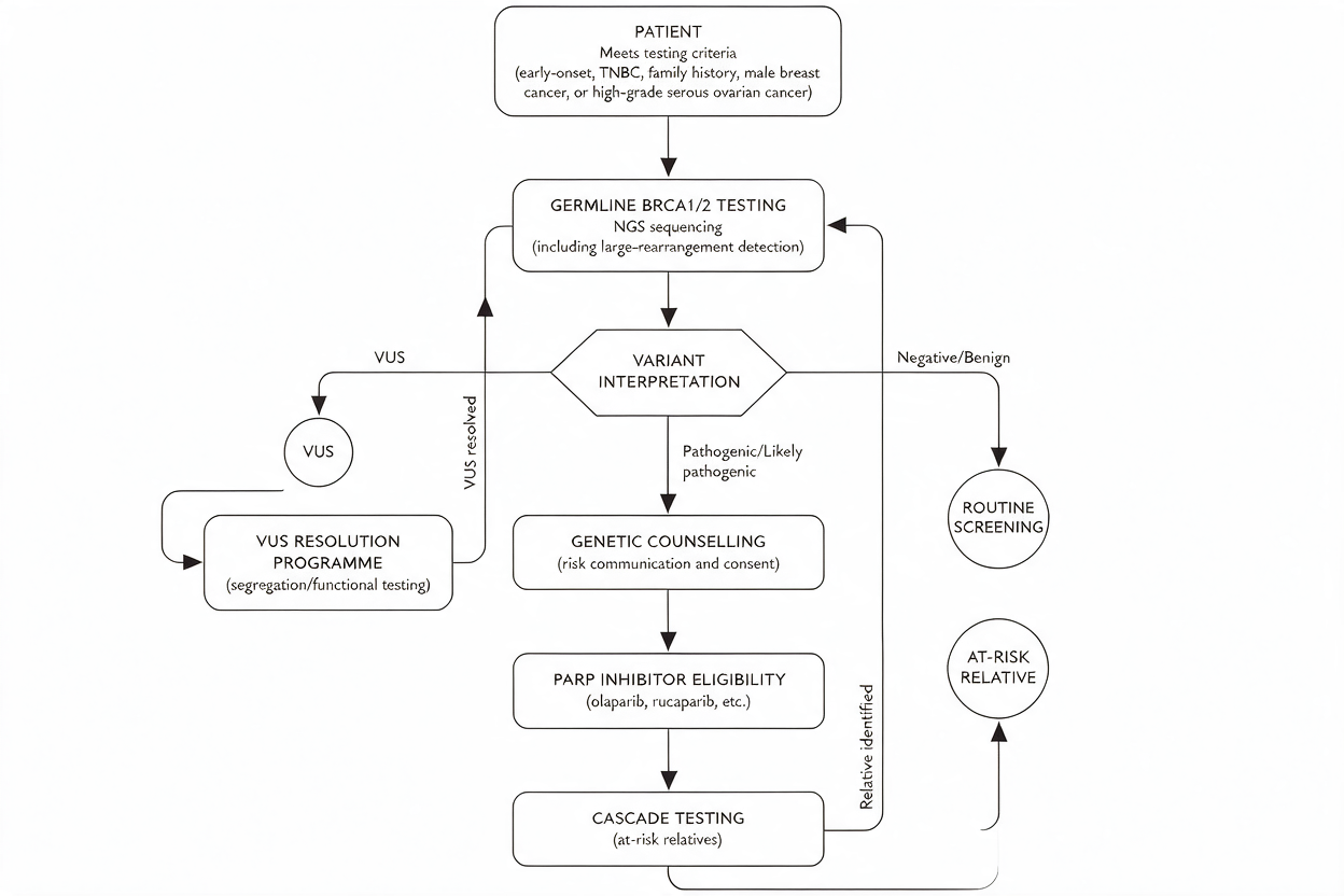 BRCA1 and BRCA2 testing workflow with variant interpretation, counselling, PARP eligibility, and cascade testing