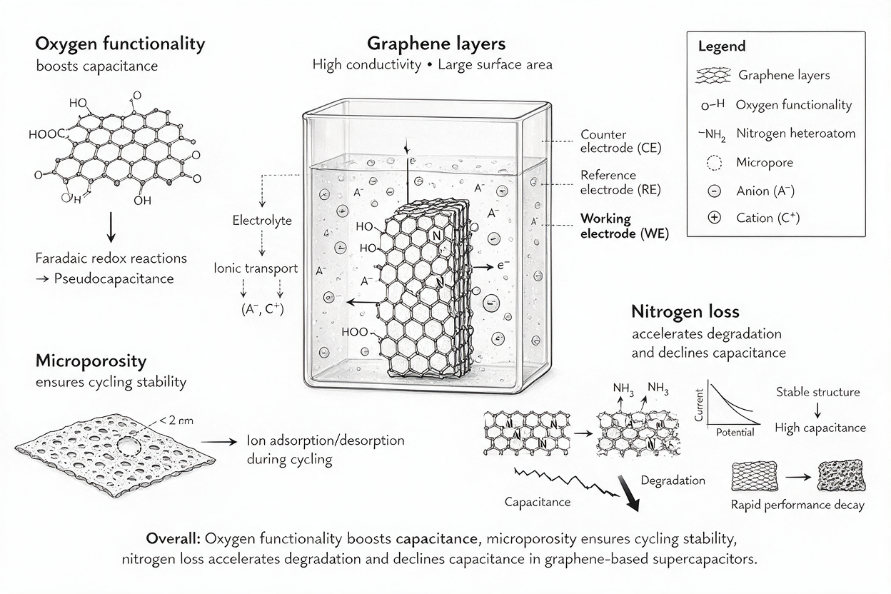 Publication-style graphene supercapacitor mechanism with material structure, ionic transport, and degradation annotations
