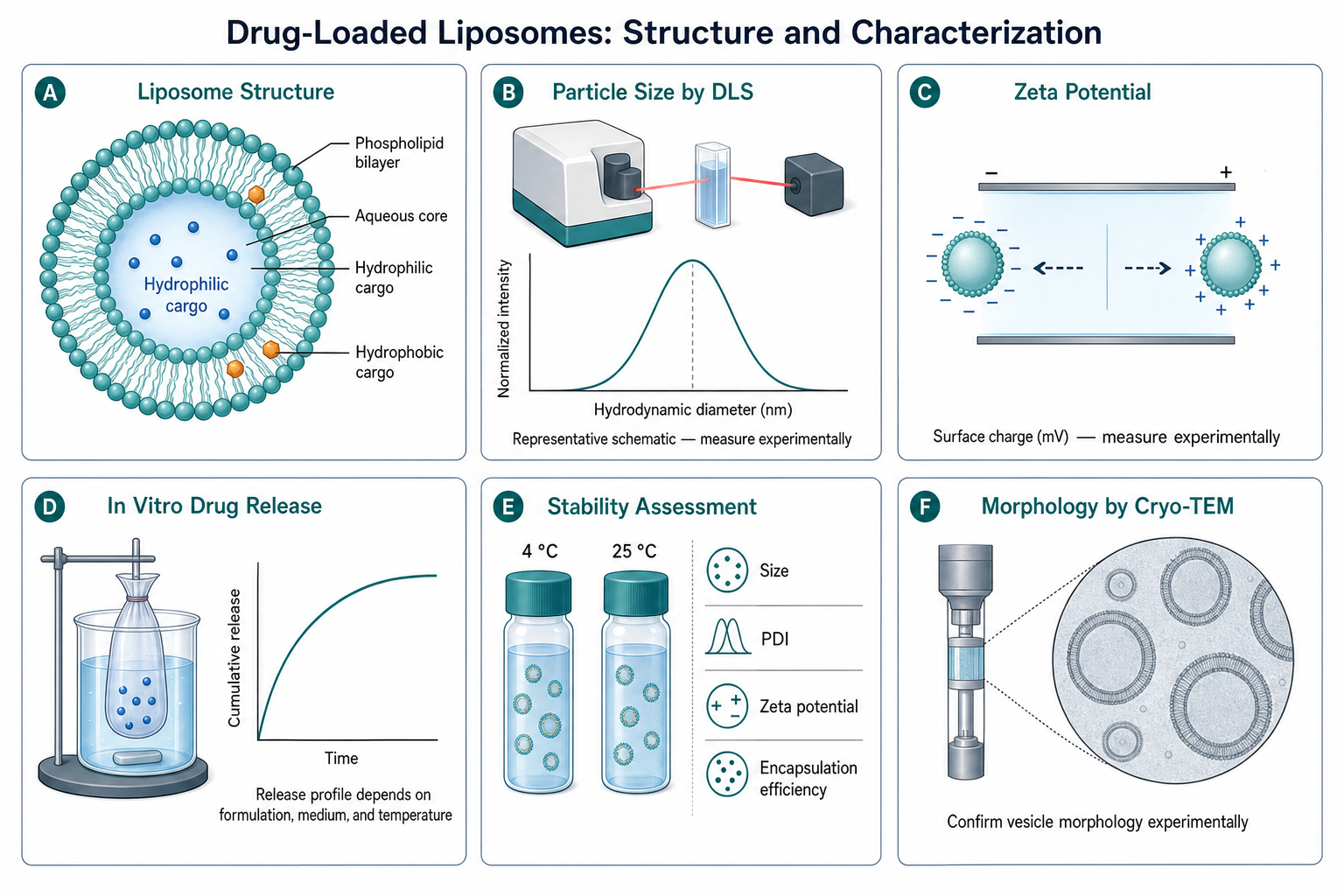 Publication-style overview of drug-loaded liposome structure and experimental characterization methods