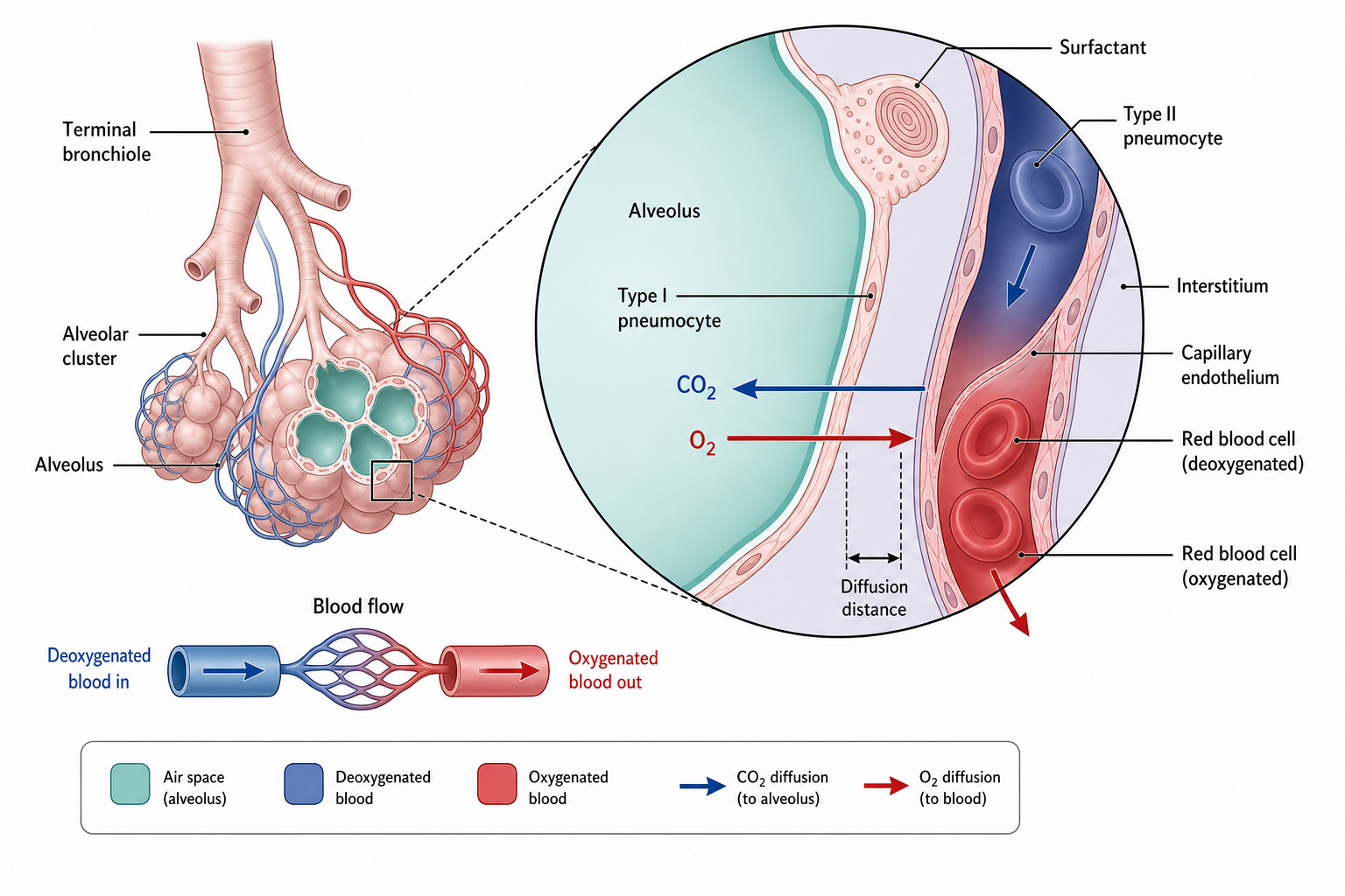 Alveolar gas exchange diagram showing the air-blood barrier and opposing oxygen and carbon-dioxide diffusion